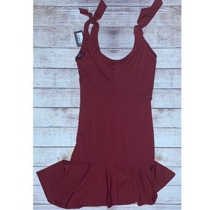 Tie shoulder fit & flare wine red dress
